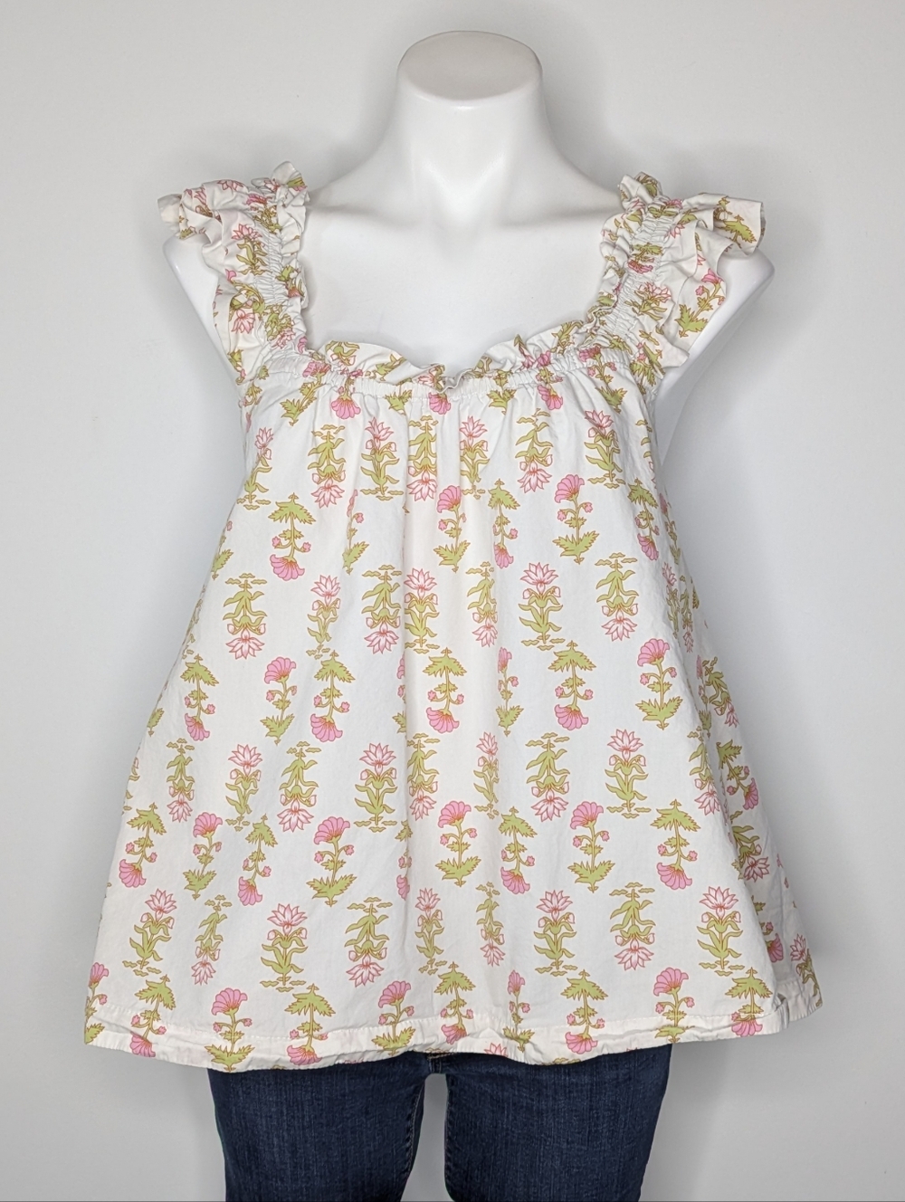 Piyama Nicolette White Green Pink Floral Ruffle Strap Cotton Top M